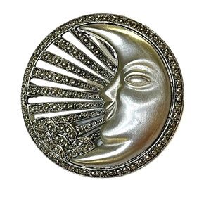 Tona Vintage Crescent Moon Marcasite Brooch 80’s Silver Tone Signed